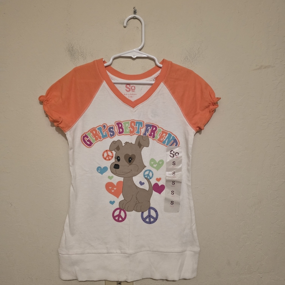 NWT SO Kids' Orange and White Dog Graphic Tee Size Small